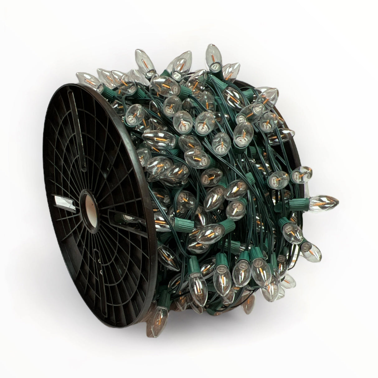 C9 Bulbed Sockets: 500’ 12” Spacing C9 Spool with Pre-Bulbed Certified Classic LED Warm White Filaments, SPT-1 Green Wire
