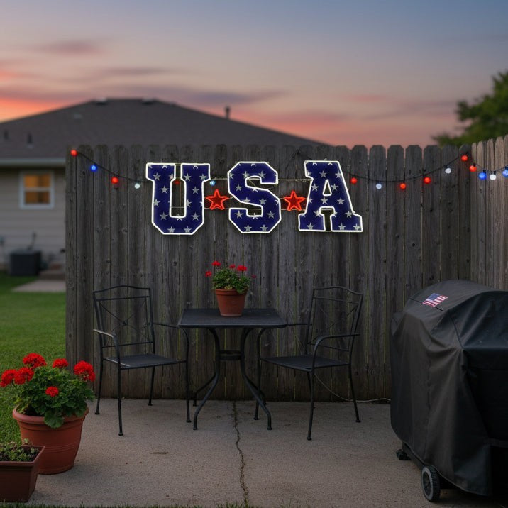 Giant Pre-Lit LED USA Patriotic Sign 2D Wire Frame Decor