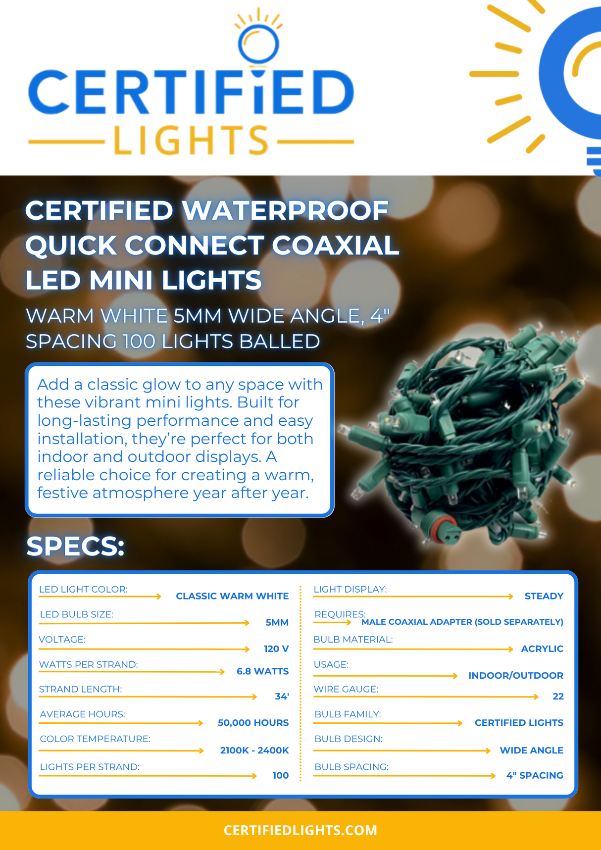 4" Spacing 5mm Coaxial LED Mini Lights - Waterproof Quick Connect