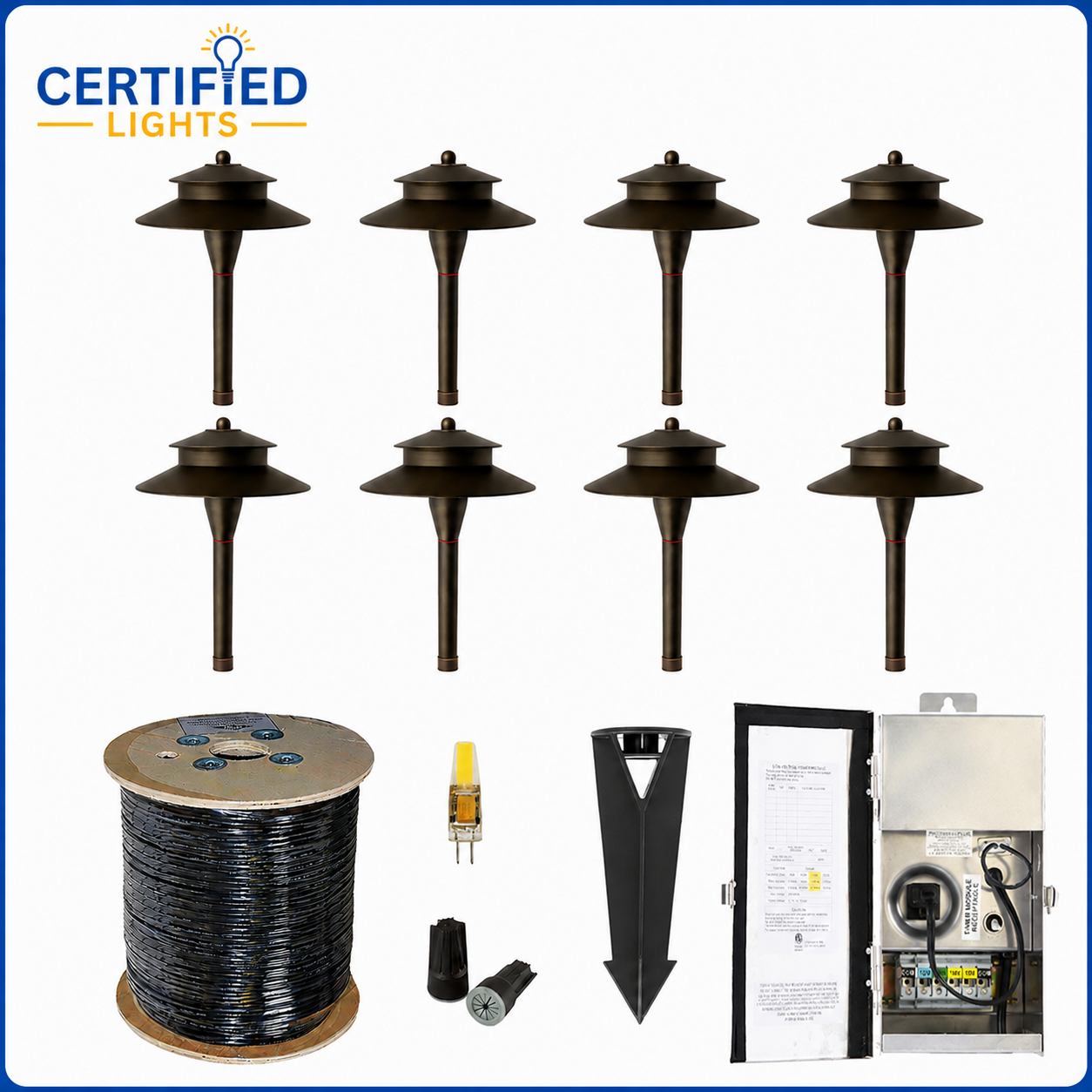 LED Landscape Path Light Kit - 8 Pro Path Light Fixture Set w/ Low Voltage Transformer