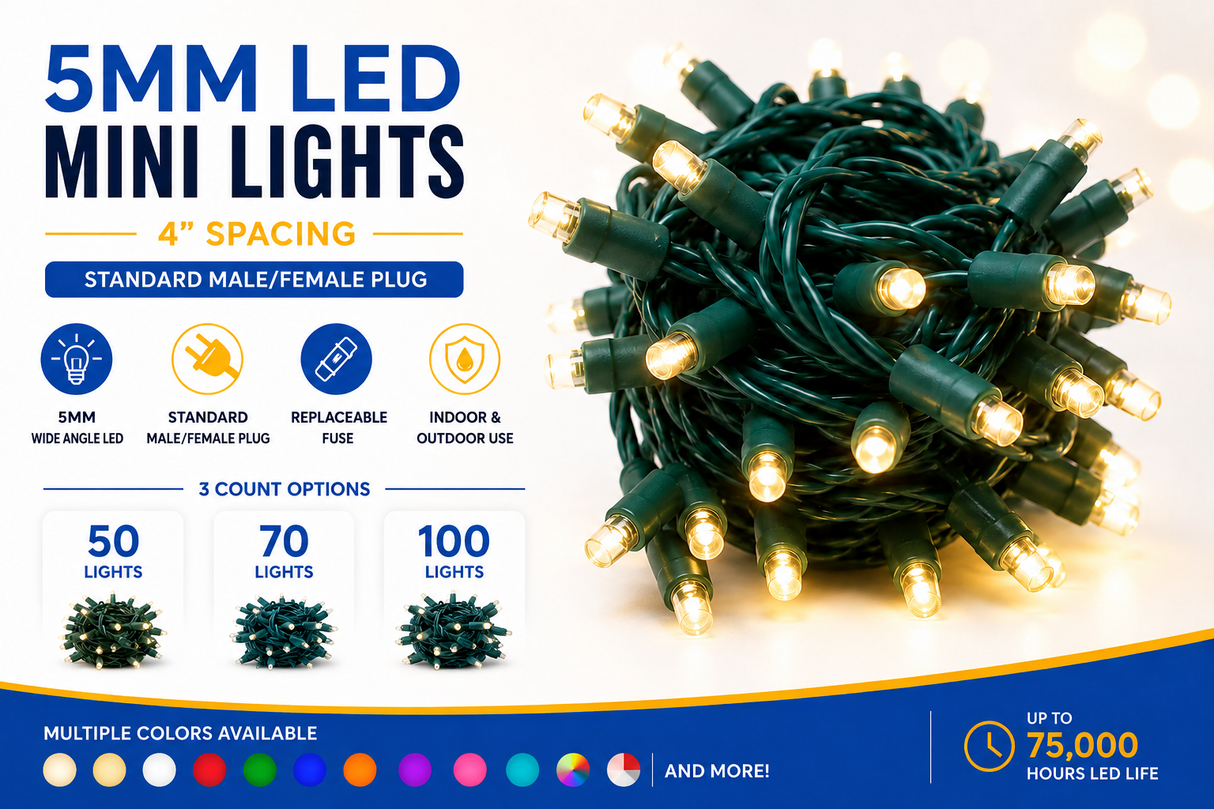 5MM LED Mini Lights – Standard Male/Female Plug – 4" Spacing