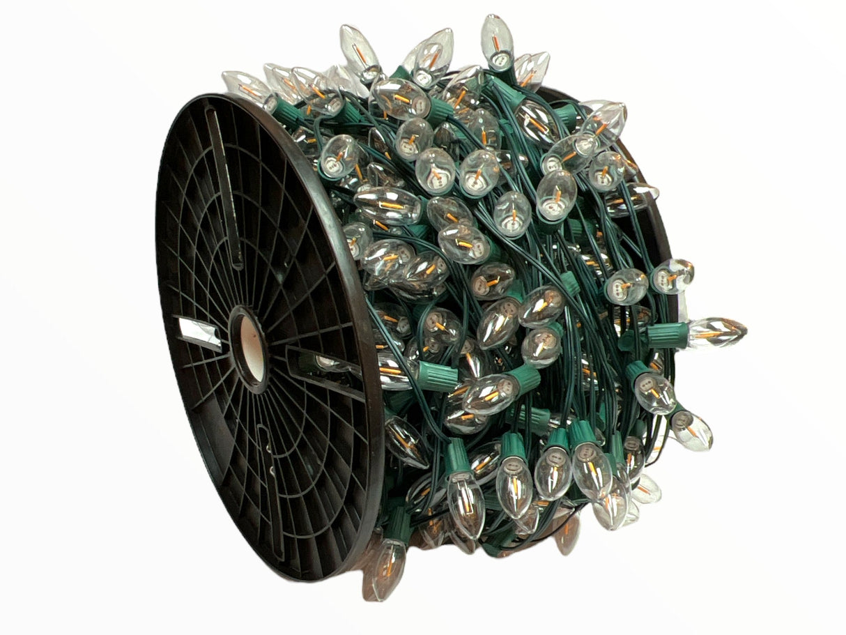 C9 Bulbed Sockets with Magnet Clips: 250’ 15” Spacing C9 Spool with Pre-Bulbed C9s and Magnet Clips, SPT-1 Green Wire