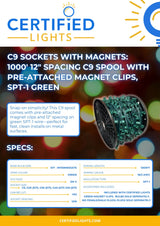 C9 Sockets with Magnets: 1000’ 12” Spacing C9 Spool with Pre-Attached Magnet Clips, SPT-1 Green Wire